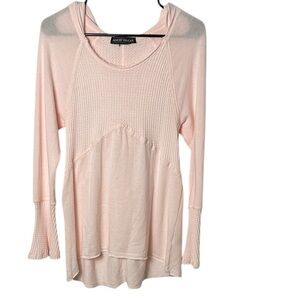 pink hoodie dress,tunic,S/M babydoll,waffle,sheer,fray,bell sleeves,feminine EC